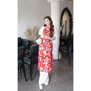 set áo dài Gấm hoa phối lưới