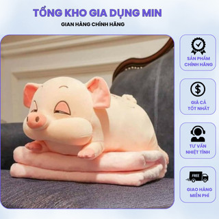 Bộ chăn gối văn phòng hình heo mắt híp, chăn thú 2in1 lợn sữa siêu đáng yêu dành cho dân văn phòng