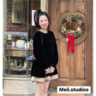 MEII STUDIOS - Váy nhung đen phối cổ be