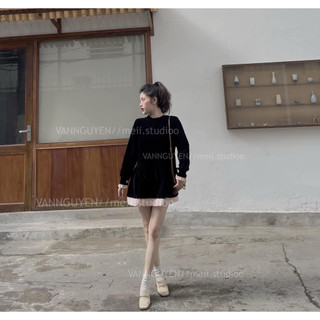 MEII STUDIOS - Váy nhung đen phối cổ be