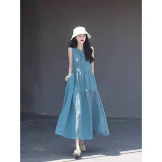 [Sẵn] Váy Dài Qua Gối Không Tay Dáng Rộng Chữ A Váy Đi Biển Váy Đi Chơi Form Rộng Dáng Dài Màu Xanh Váy Bầu V108