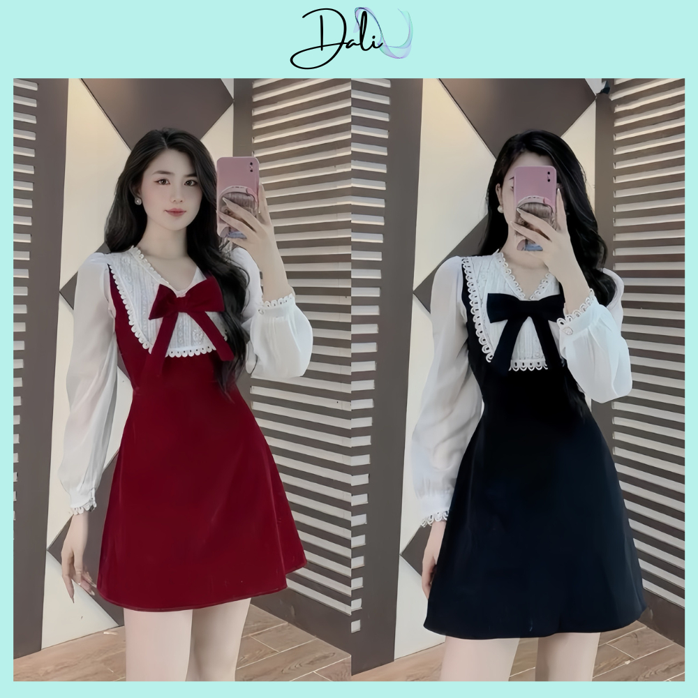 Đầm Nhung Phối Ren Đính Nơ Cổ Tay Voan Sang Chảnh, Váy Dự Tiệc Tiểu Thư