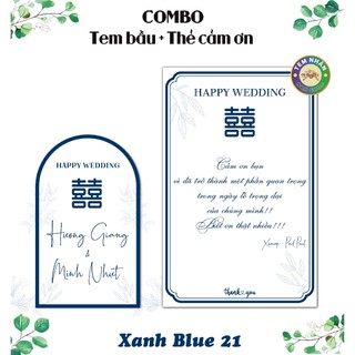 Tem bầu dán chai nước + Thẻ cảm ơn đám cưới mẫu mới Xanh Blue 21