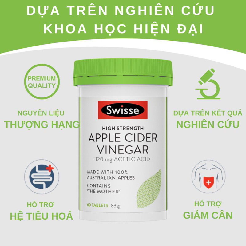 (Date 06/2026) Giảm Cân Giấm táo Swisse Apple Cider Vinegar 60 Viên giảm mỡ thừa giữ vóc dáng thon gọn đốt cháy mỡ thừa