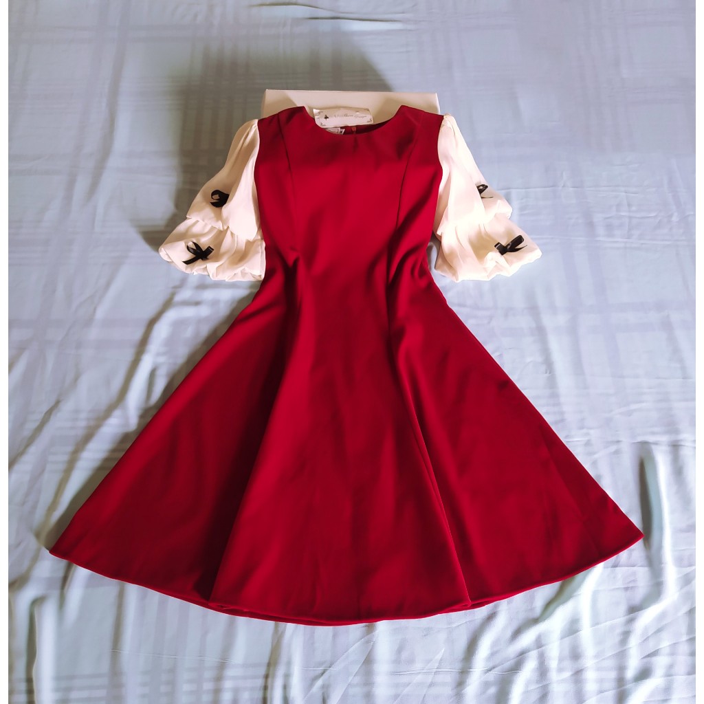 Đầm, Váy nhung đỏ tay phối ren nơ kèm phụ kiện xinh xắn