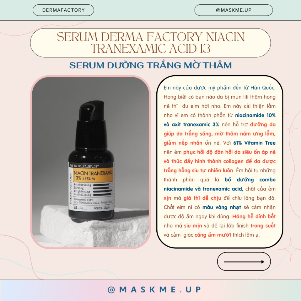 Serum dưỡng trắng giảm thâm mụn thâm nám Derma Factory Niacin Tranexamic Acid 13