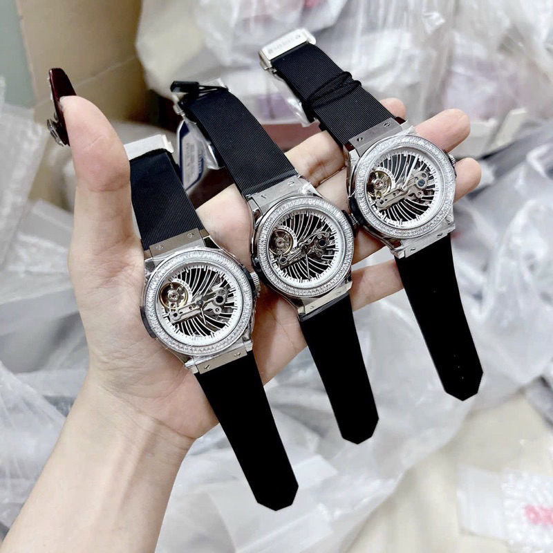 Đồng Hồ nữ Hanboro By Huboler Mặt Tròn Lộ Cơ đính đá chính hãng dây cao su