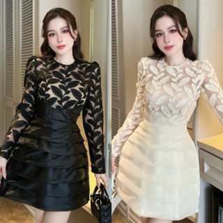 BIGSIZETIX D59 Đầm dự tiệc tiểu thư thiết kế cổ tròn tay dài phối ren chiếc lá với tùng váy xếp ly sang chảnh 50-90kg