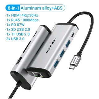 Thiết bị 8 trong 1 Vention hub chuyển đổi USB Type C sang 4K HDMI, USB 3.0, sạc PD