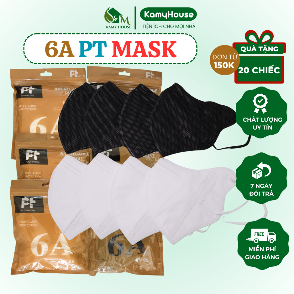 [Combo 100 chiếc] Khẩu trang 6A PT mask chính hãng 4 lớp dày dặn chống bụi mịn chống nắng đủ màu sắc thời trang PT6A