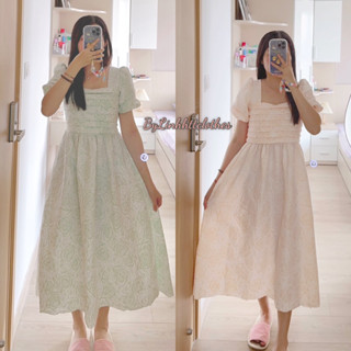 Váy gấm vân hoa cổ vuông tay phồng babydoll dáng dài