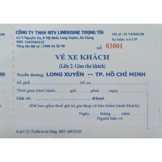 Cuống vé xe khách KV Miền Nam ( 1 cuốn 100 vé, 2 liên) vé y hình chụp