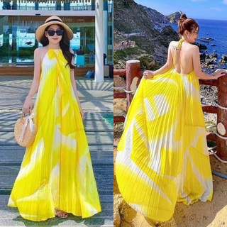  Đầm maxi đi biển dập ly hoạ tiết vàng có ảnh thật