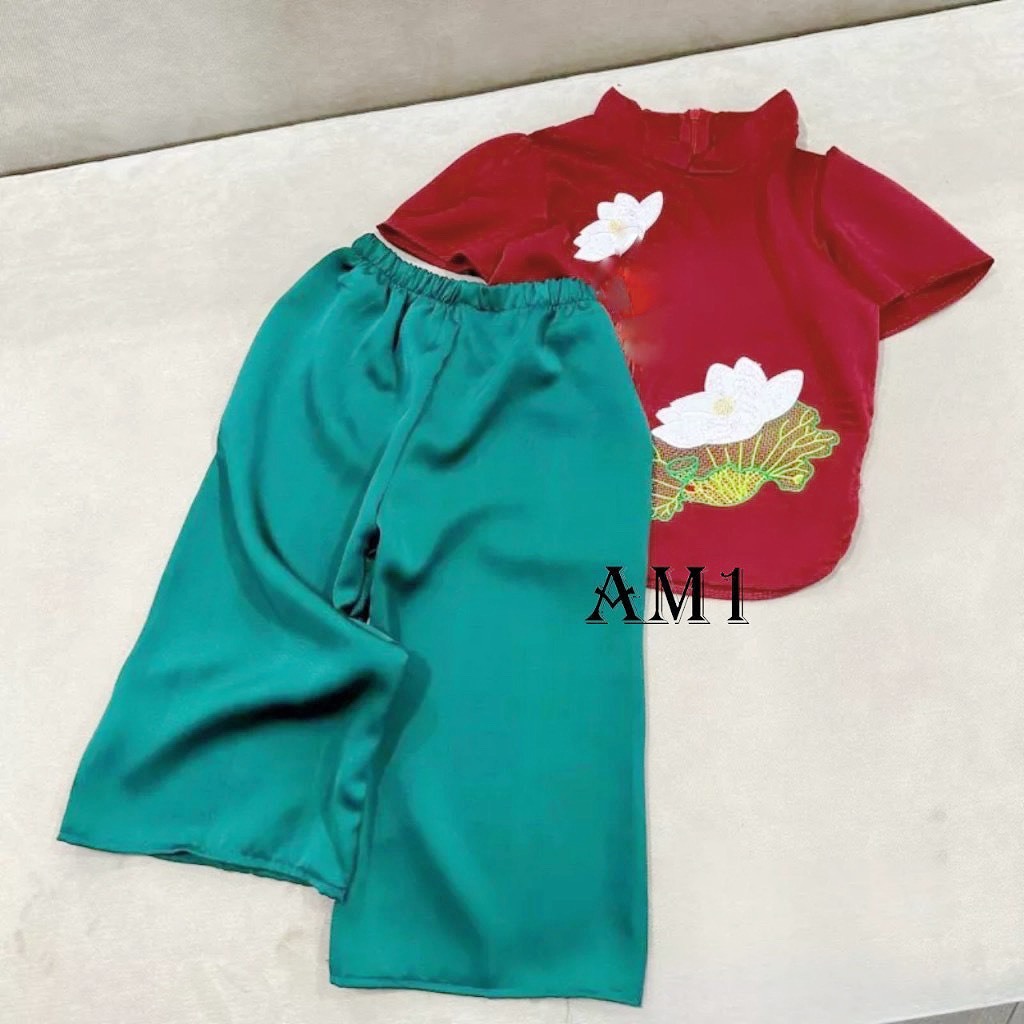 Bộ quần áo trẻ em TB366 Đồ bộ bà ba thêu hoa sen cho bé gái xinh xắn
