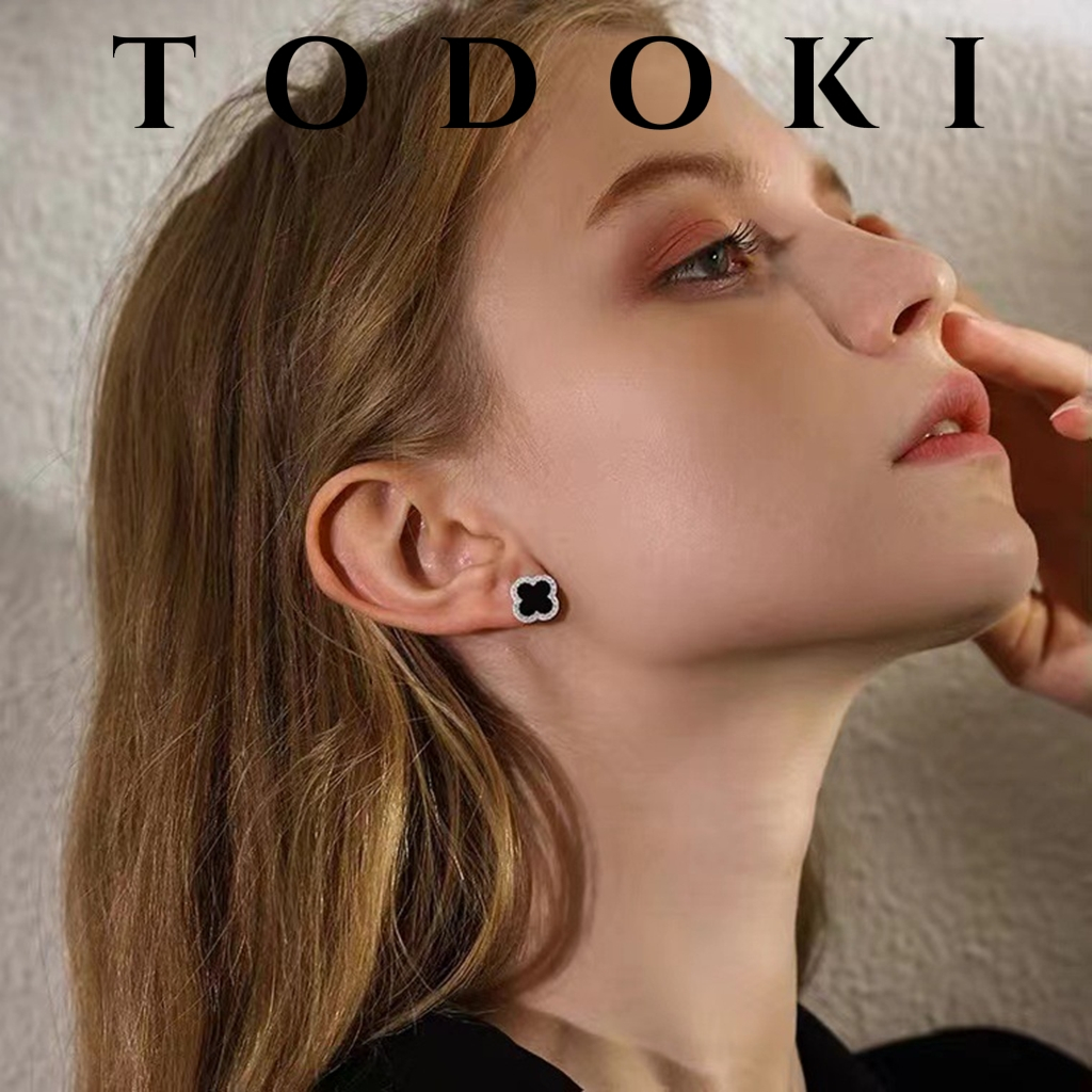 Khuyên tai 4 lá đen đính đá lấp lánh chuôi bạc 925  TODOKI Accessories T026 đeo đám cưới đi tiệc, tết,hằng ngày, tặng