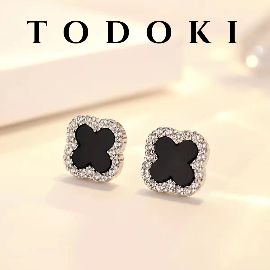 Khuyên tai 4 lá đen đính đá lấp lánh chuôi bạc 925  TODOKI Accessories T026 đeo đám cưới đi tiệc, tết,hằng ngày, tặng