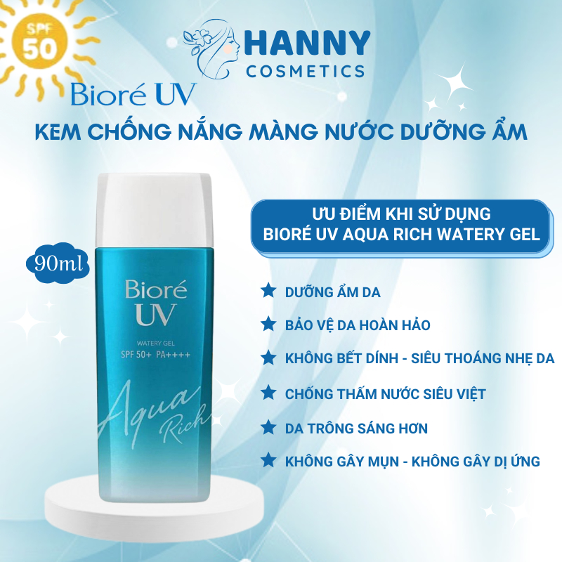 Kem chống nắng màng nước dưỡng ẩm, nâng tone Bioré UV Aqua Rich Watery Gel SPF50+ PA++++ tuýp 90ml - Hanny