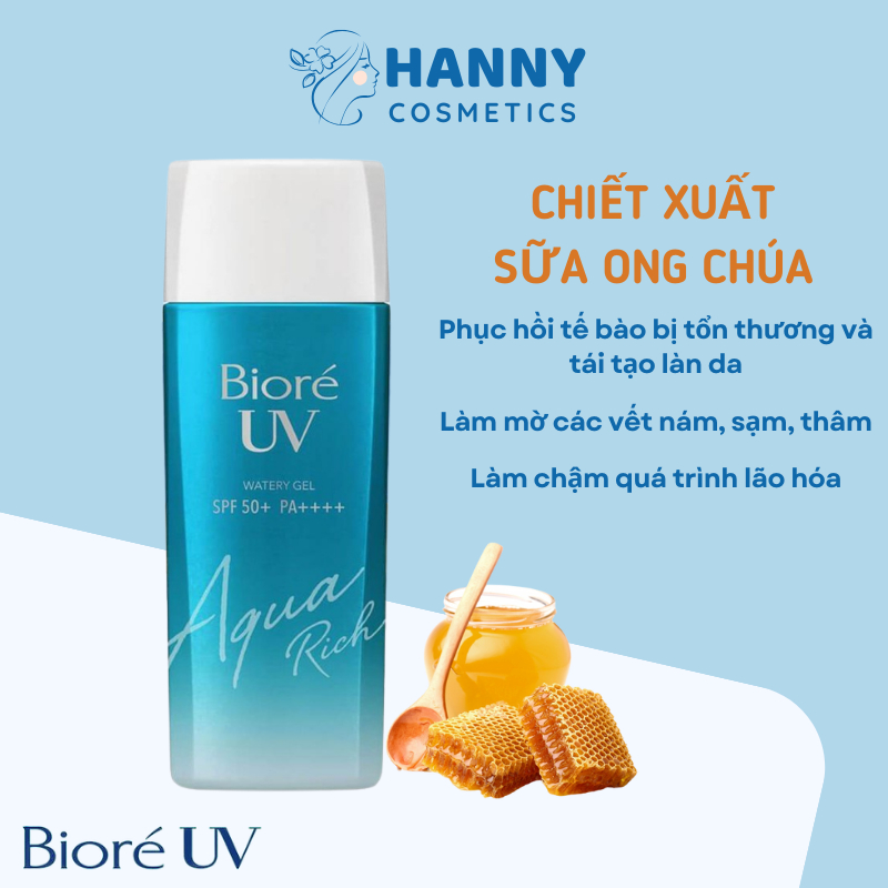 Kem chống nắng màng nước dưỡng ẩm, nâng tone Bioré UV Aqua Rich Watery Gel SPF50+ PA++++ tuýp 90ml - Hanny