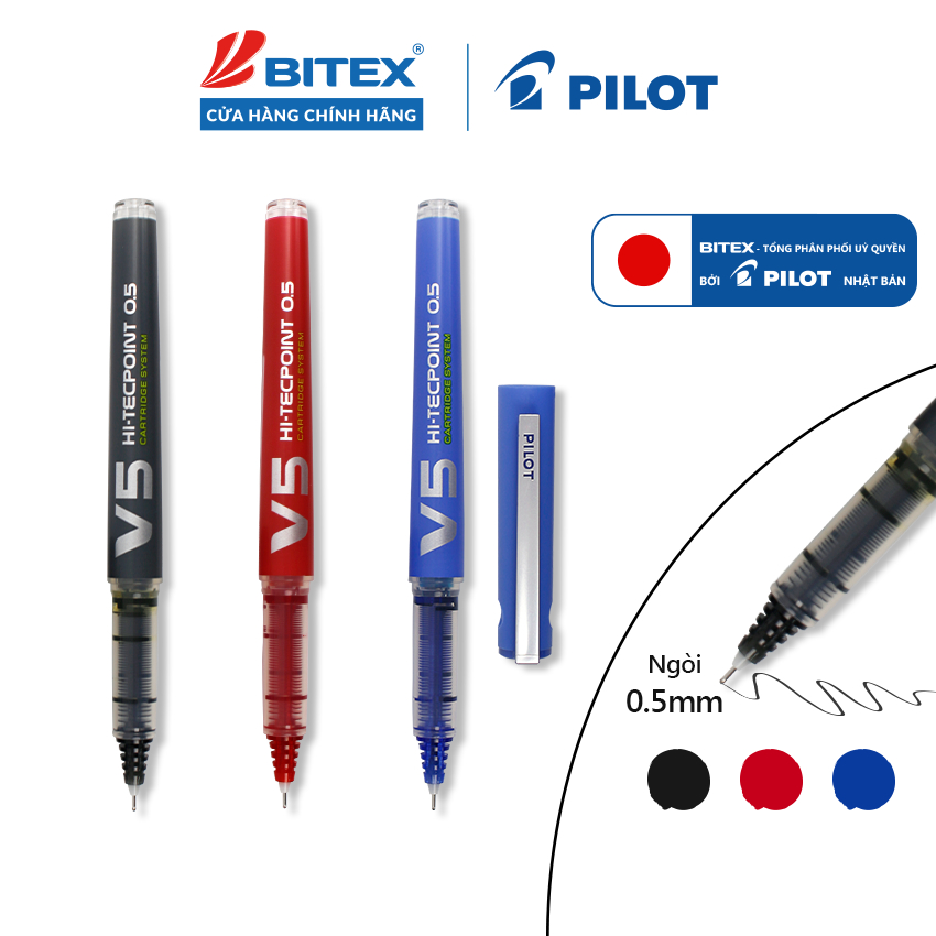 Bút mực nước Pilot Hi-Techpoint V5 Cartridge System mực Xanh, đỏ, đen BXC-V5-L-BGD -– Thay Ống Mực, 