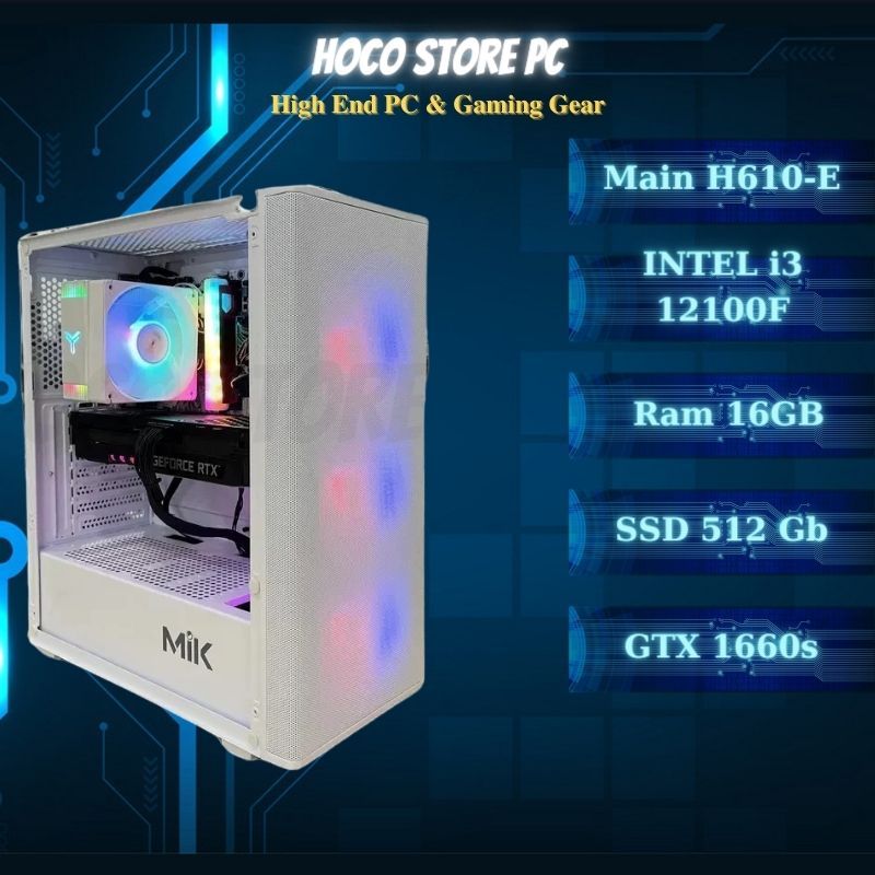 Thùng PC Hoco Gaming Wifi 1, Core i3 12100F, 16GB Ram, SSD 512GB, VGA RX 5600XT / GTX 1660S / RTX 2060 Mới (BH 36T)