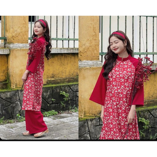 Set áo dài hoa nhí dáng suông nhung thắt nơ vai / áo dài cách tân dáng lỡ