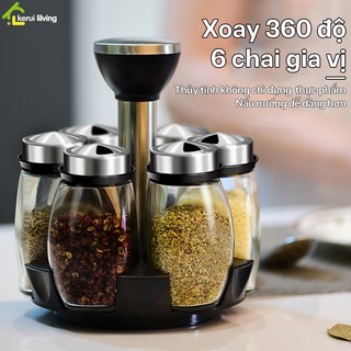 Hủ đựng gia vị thuỷ tinh NAGO, dày dặn nắp xoay kèm trục xoay 360 độ tiện cho nấu nướng,bộ 6 lọ đựng