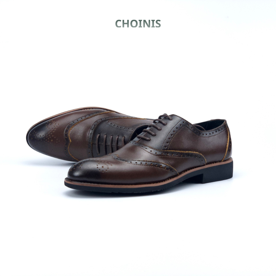 Giày tây oxfords buộc dây da bò thử lửa đế 2 lớp thanh lịch CHOINIS khâu đế chắc chắn size 38 đến 44