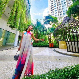  Đầm maxi đi biển Loang màu 3D dài 135cen lót dài có đệm mút