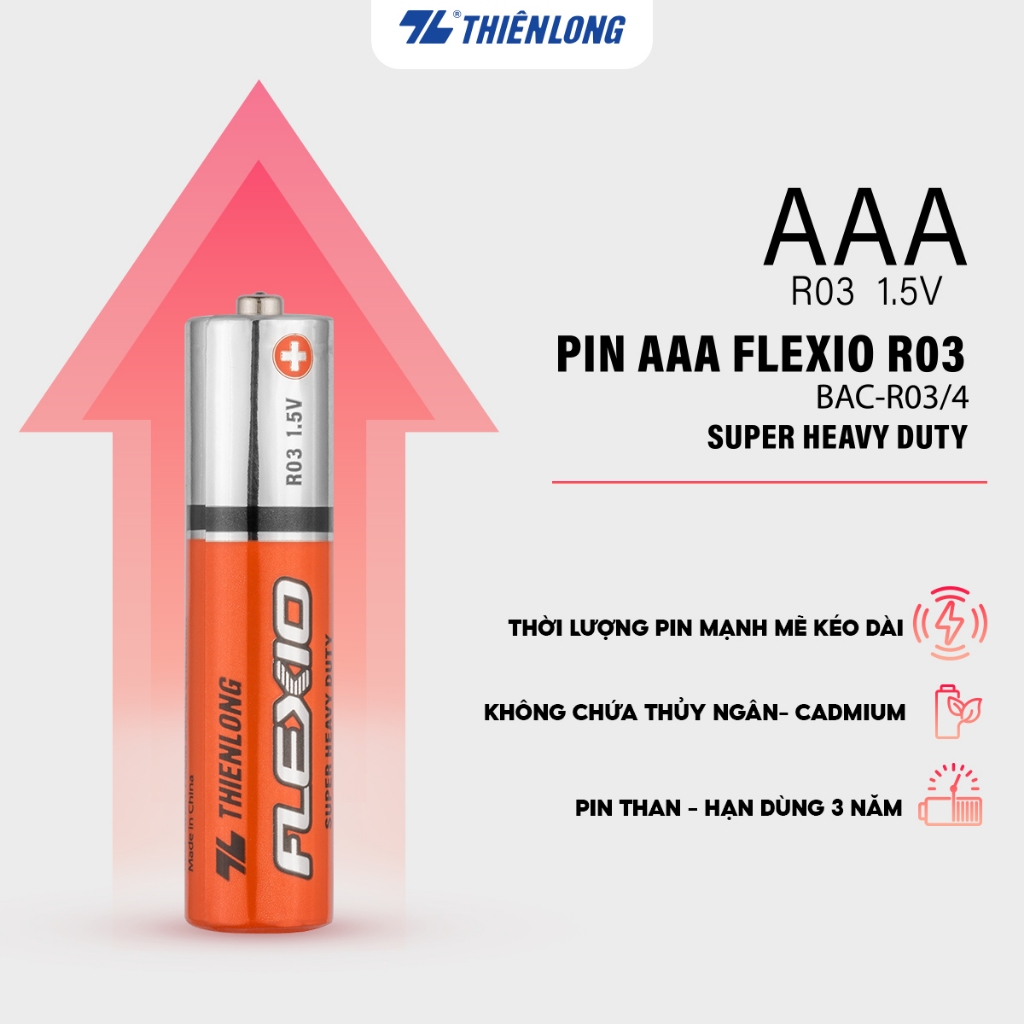 Lốc 4 Pin Carbon, pin than AAA Thiên Long Flexio BAC-R03/4, không chứa thủy ngân, hạn sử dụng 36 tháng