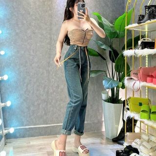 QUẦN BAGGY JEAN NỮ( KÈM ẢNH THẬT ) THẮT ĐAI TRẺ TRUNG MÀU XANH NHẠT SANG TRỌNG TB10