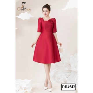 Đầm công sở CITI MODE FASHION thiết kế dáng xoè đỏ cổ đính hoa DH4542