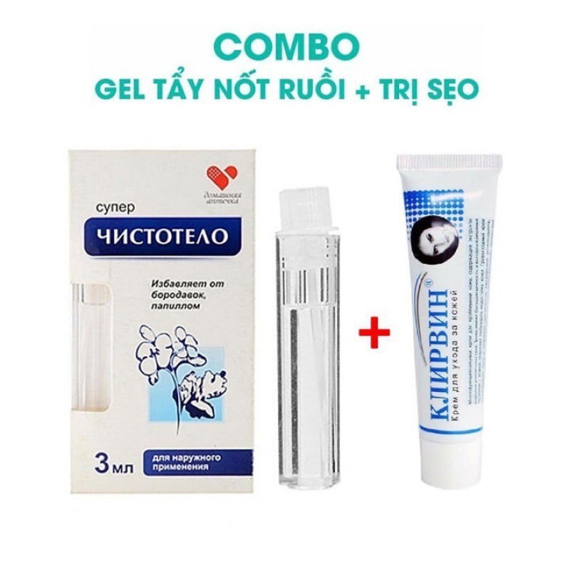 Bộ Gel tẩy nốt ruồi mụn cơm mụn cóc Dvelinil Nga 3ml, kem sẹo Klirvin