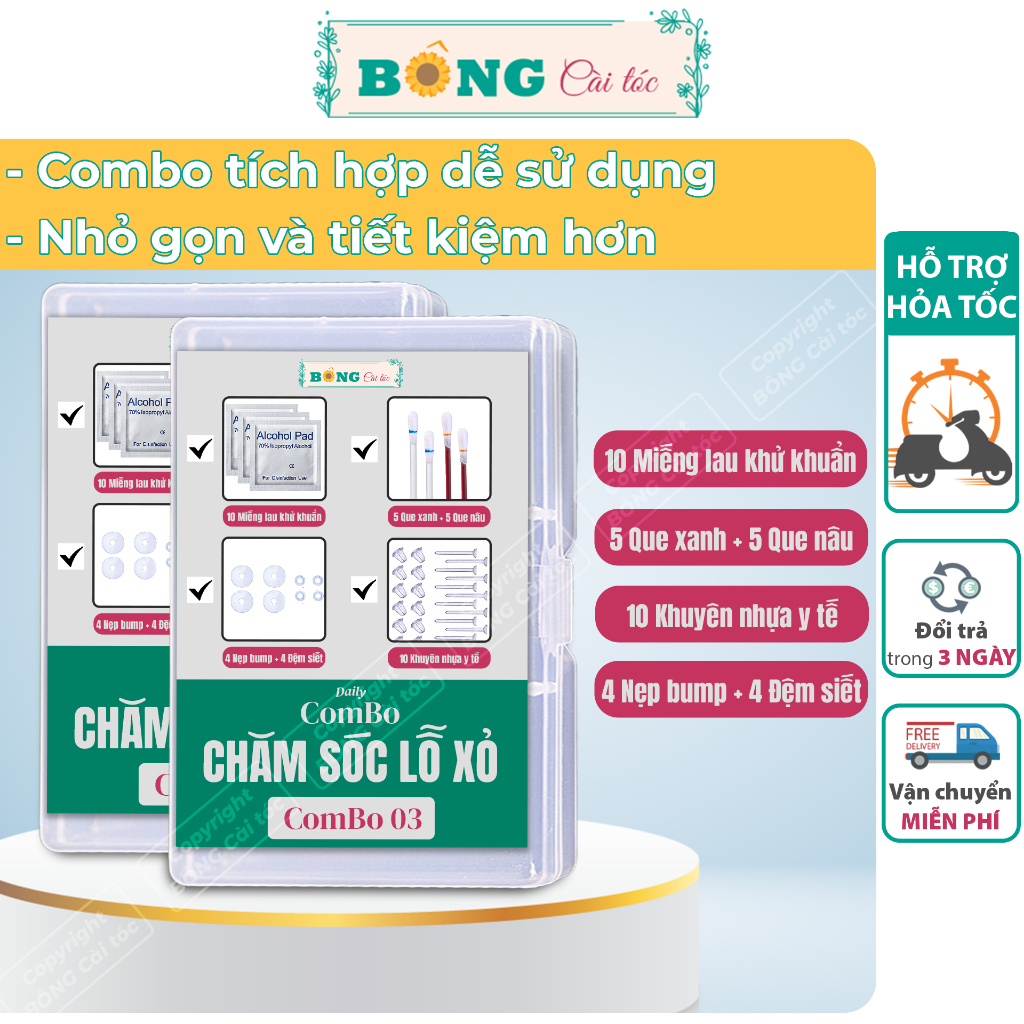 Combo chăm sóc lỗ xỏ bông tai cao su y tế, nẹp bump, miếng lau khử khuẩn kèm hộp CB10- khuyên tai BÔNG Cài Tóc