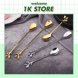 Muỗng cà phê, muỗng mạ vàng cán chiếc lá thìa inox cao cấp dày dặn – 1k. store