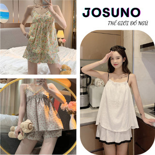 Đồ ngủ nữ bộ mặc nhà 2 dây quần dùi chất lụa cao cấp mềm mát siêu xinh JOSUNO Thcom001