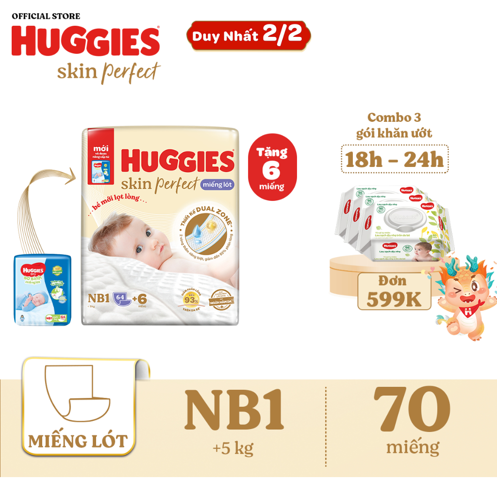 Miếng lót sơ sinh Huggies Skin Perfect NB1 64+6 miếng với 2 vùng thấm giảm