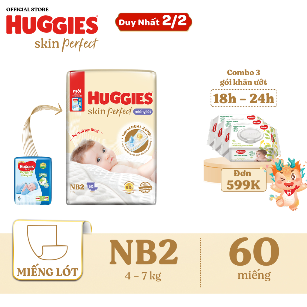 Miếng lót sơ sinh Huggies Skin Perfect NB2 60 miếng với 2 vùng thấm giảm