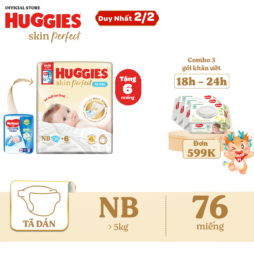 Tã bỉm dán sơ sinh Huggies Skin PerfectNB 70+6 miếng với 2 vùng thấm giảm