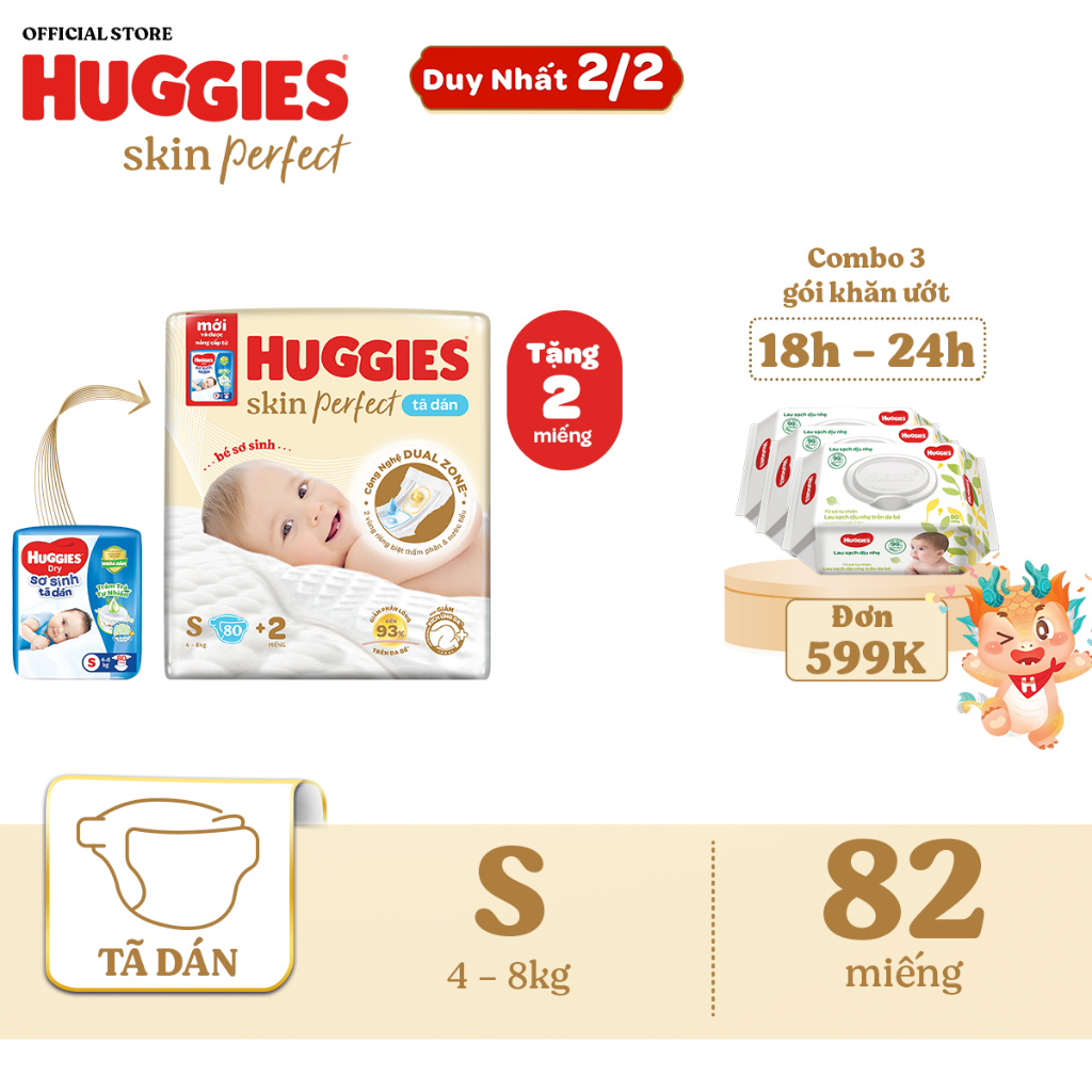 Tã bỉm dán sơ sinh Huggies Skin Perfect S 80+2 miếng với 2 vùng thấm giảm