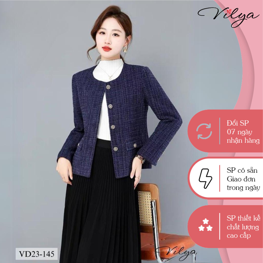 Áo dạ tweed nữ 2 lớp dày dặn dáng bo eo áo khoác dạ VILYA cổ tròn phối cúc đồng cao cấp VM23-145
