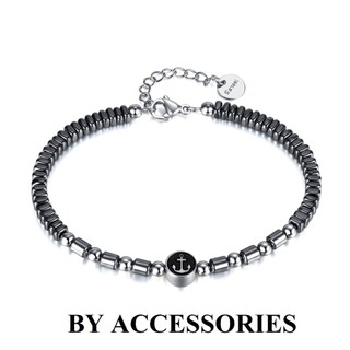 Lắc tay nam unisex titan phối đá Hematite mặt tròn chạm hình mỏ neo không gỉ MB23 BY ACCESSORIES