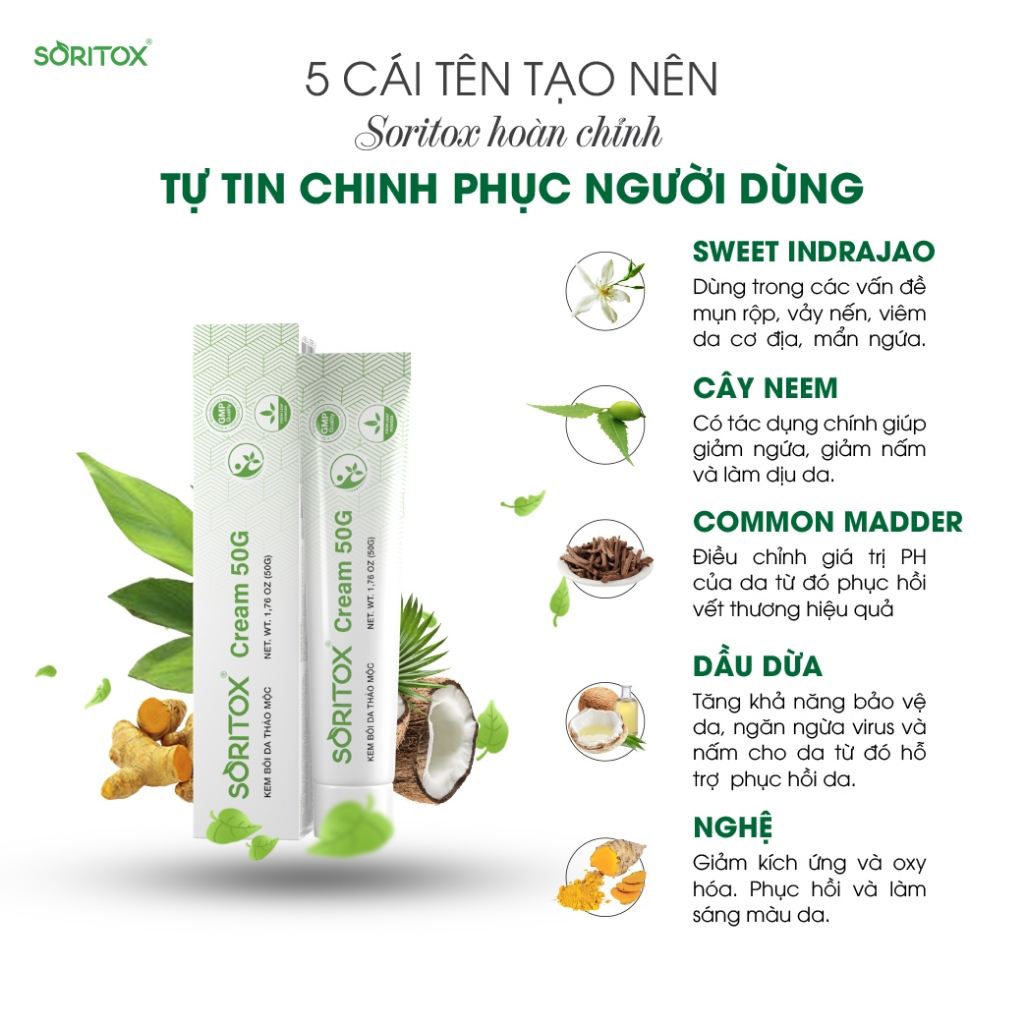 Kem bôi Viêm da cơ địa, Hắc lào, Á sừng, Lang ben, Vảy nến, Chàm da, Nấm ngứa từ chiết xuất lá Neem  - SORITOX CREAM 50G