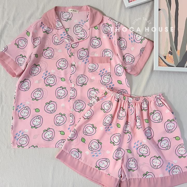 Bộ đồ ngủ pijama đùi hoạt hình lụa mát THOCA HOUSE đồ bộ mặc nhà lưng thun thoải mái cho mùa hè