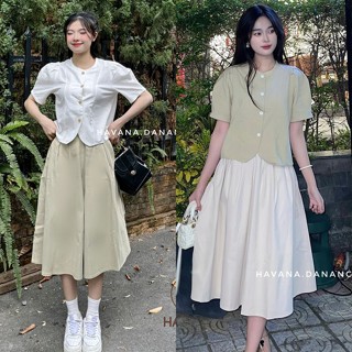 Set áo sơ mi tay ngắn croptop tặng kèm chân váy dáng dài màu pastel HAVANA He161
