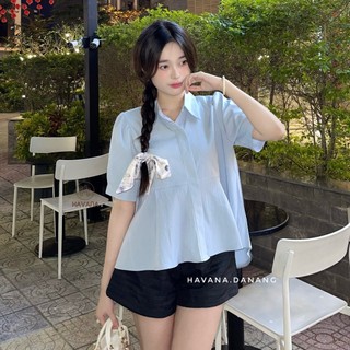 Áo babydoll cổ sơ mi tay ngắn vạt xòe dáng ngắn màu vintage HAVANA, áo sơ mi dáng ngắn formbabydoll AO136