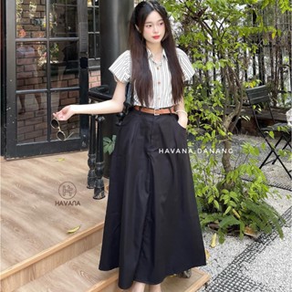 Set áo sơ mi kẻ sọc tay hến kèm thắt lưng và chân váy dài xẻ tà HAVANA SAT75