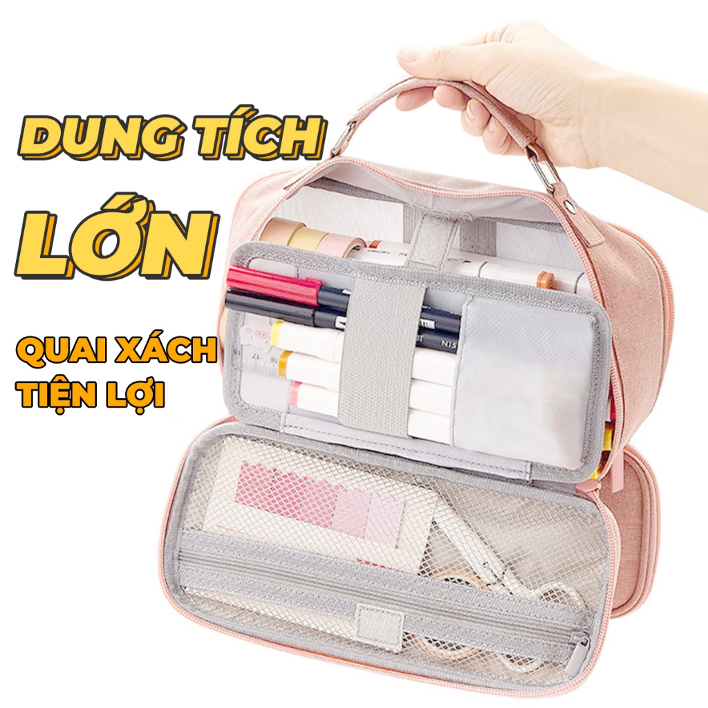 Túi bút nhiều ngăn ANGOO bóp viết kèm quai xách,sức chứa khủng,để bàn tiện dụng,hộp bút vải canvas phong cách hàn quốc