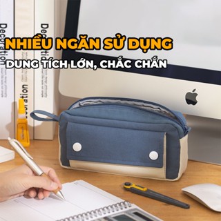  Hộp bút vải canvas Angoo túi bút double pen case bóp viết cầm tay nhiều ngăn đa năng 2 màu dung tích lớn 