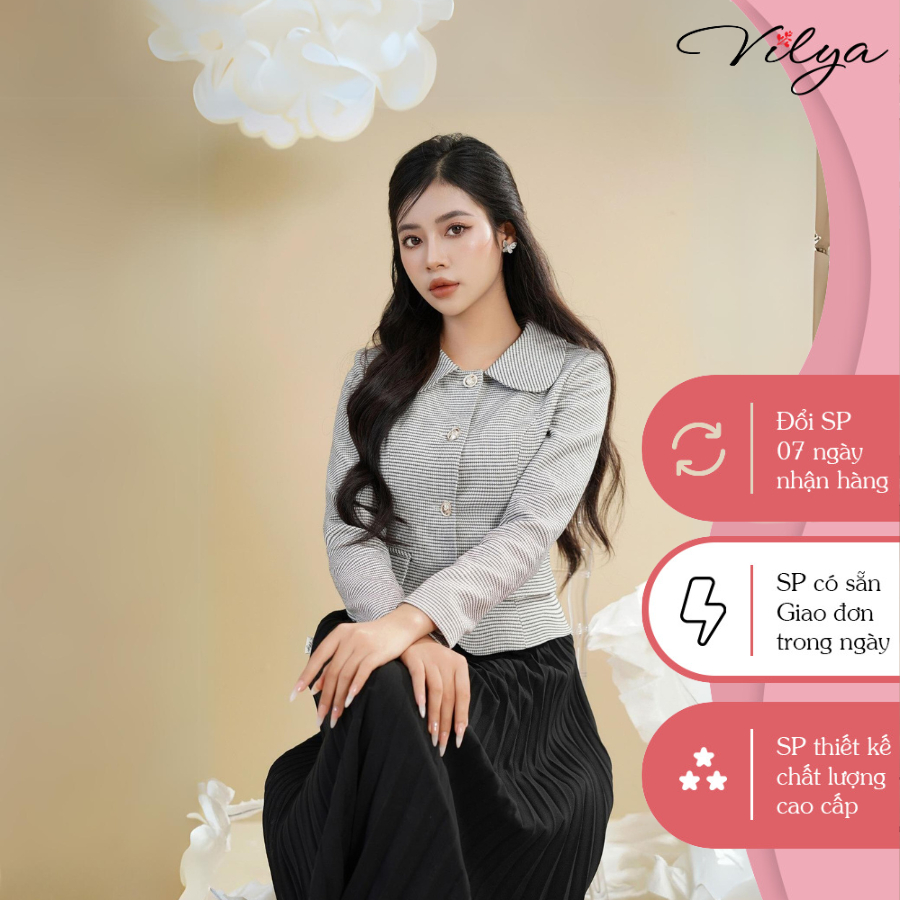 Áo khoác dạ tweed dáng ngắn nữ VILYA áo vest cao cấp VM24-152 thiết kế cổ sen 2 lớp, không nóng