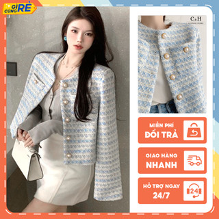 Áo khoác dạ Tweed nữ cổ tròn vạt vuông kẻ ô màu xanh nước biển C&H Clothing